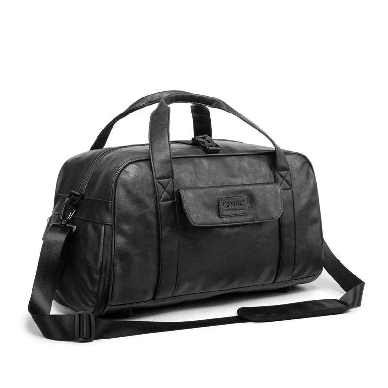 Kinmac Messenger Sports Fitness Yoga Swimming Travel Bag Waterproof Weekender Black PU Leather 45 x 30 x 22 cm