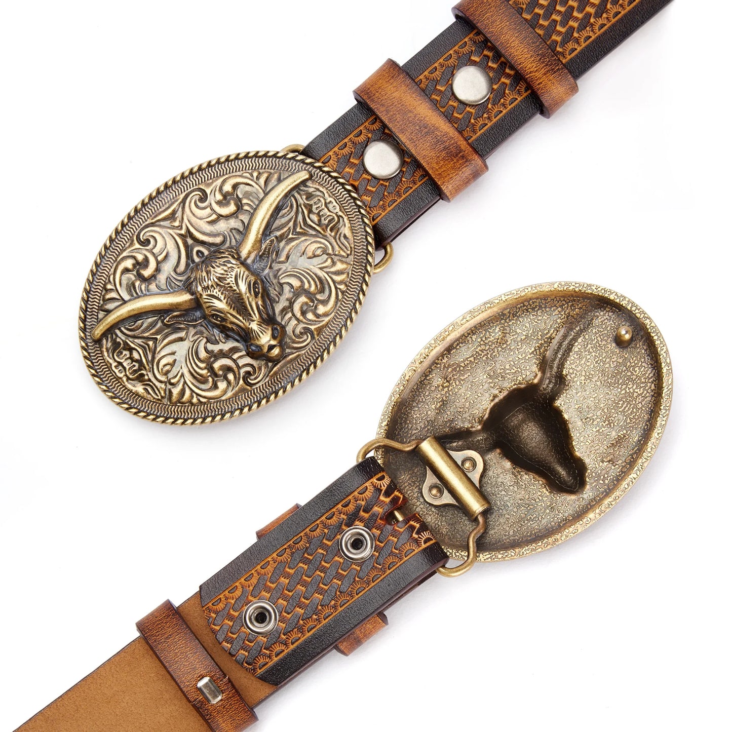 BISON DENIM Vintage Men's Belt Genuine Leather Cowhide Western Cowboy