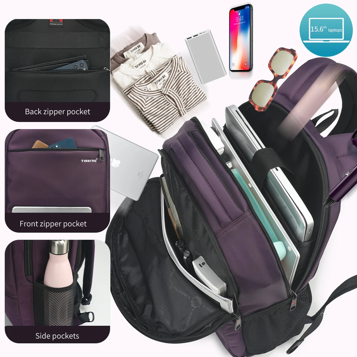 Tigernu Fashion Women Backpack Purple Anti Theft 15.6inch Laptop