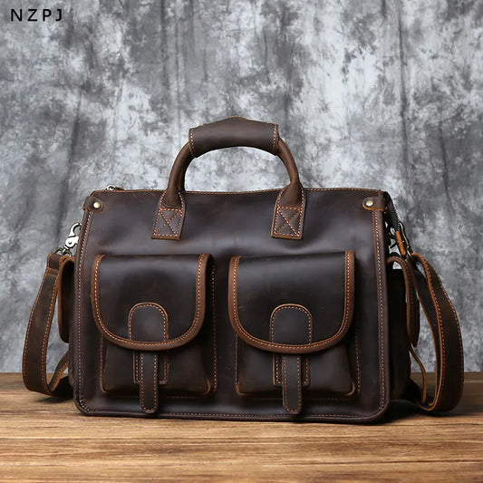 NZPJ Vintage Genuine Leather Men's Briefcase Crazy Horse