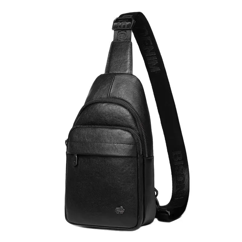 BISON DENIM New Designer Cowhide Leather Chest Bag Vintage Fashion Crossbody Men's Business Bag Travel Casual Shoulder Bag N20033 Black