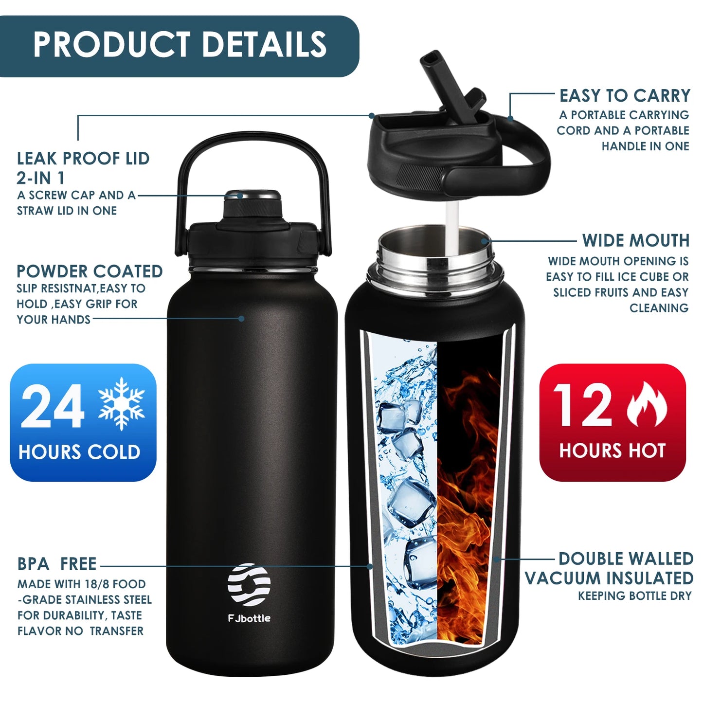 FEIJIAN Thermos Bottle with Straw Stainless Steel Insulated 950/1200ml