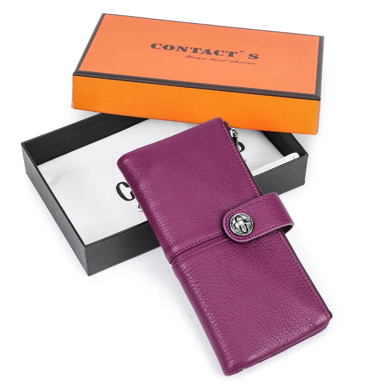 Contact'S Long Genuine Leather Female Wallet - Phone Pocket with AirTag Slot Purple Box