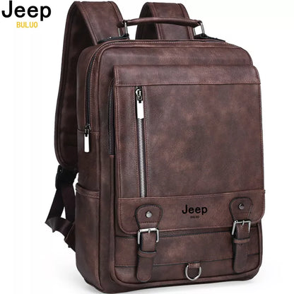 JEEP BULUO Fashion Leather Men Backpack Business 15.6" Laptop