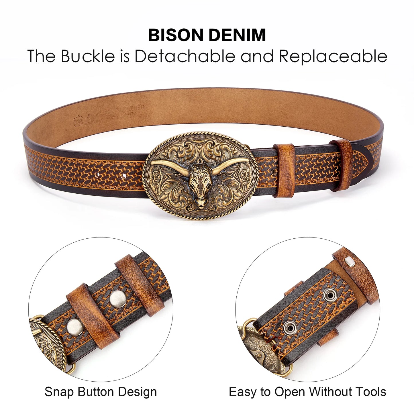 BISON DENIM Vintage Men's Belt Genuine Leather Cowhide Western Cowboy