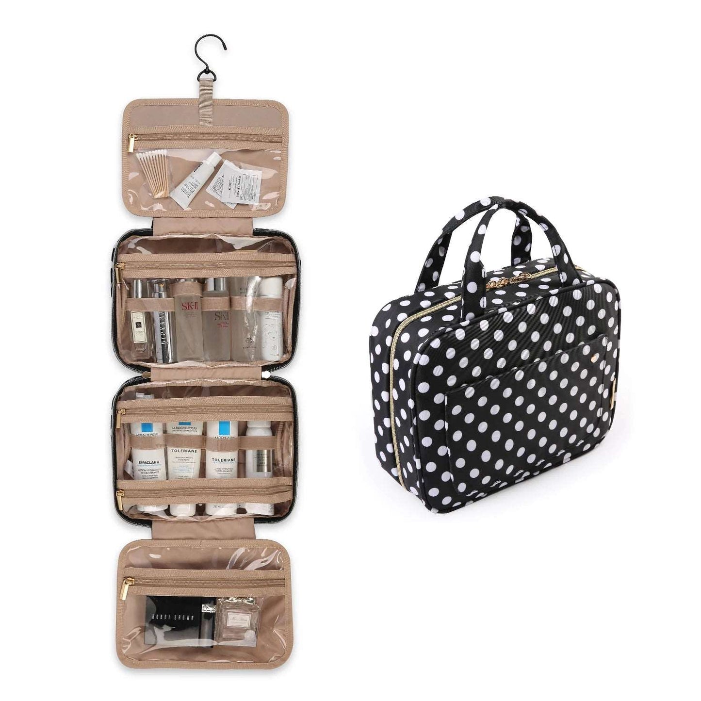 BAGSMART Makeup Cosmetic Bag with Hanging Hook Black dot