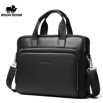 BISON DENIM Men Bag Genuine Leather Work Briefcases 14" Laptop Bag