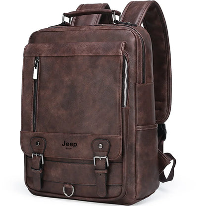 JEEP BULUO Fashion Leather Men Backpack Business 15.6" Laptop Brown