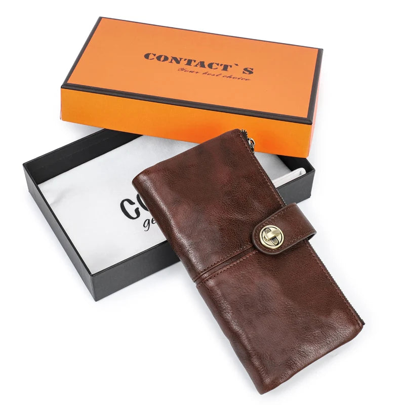 Contact'S Long Genuine Leather Female Wallet - Phone Pocket with AirTag Slot Coffee Box