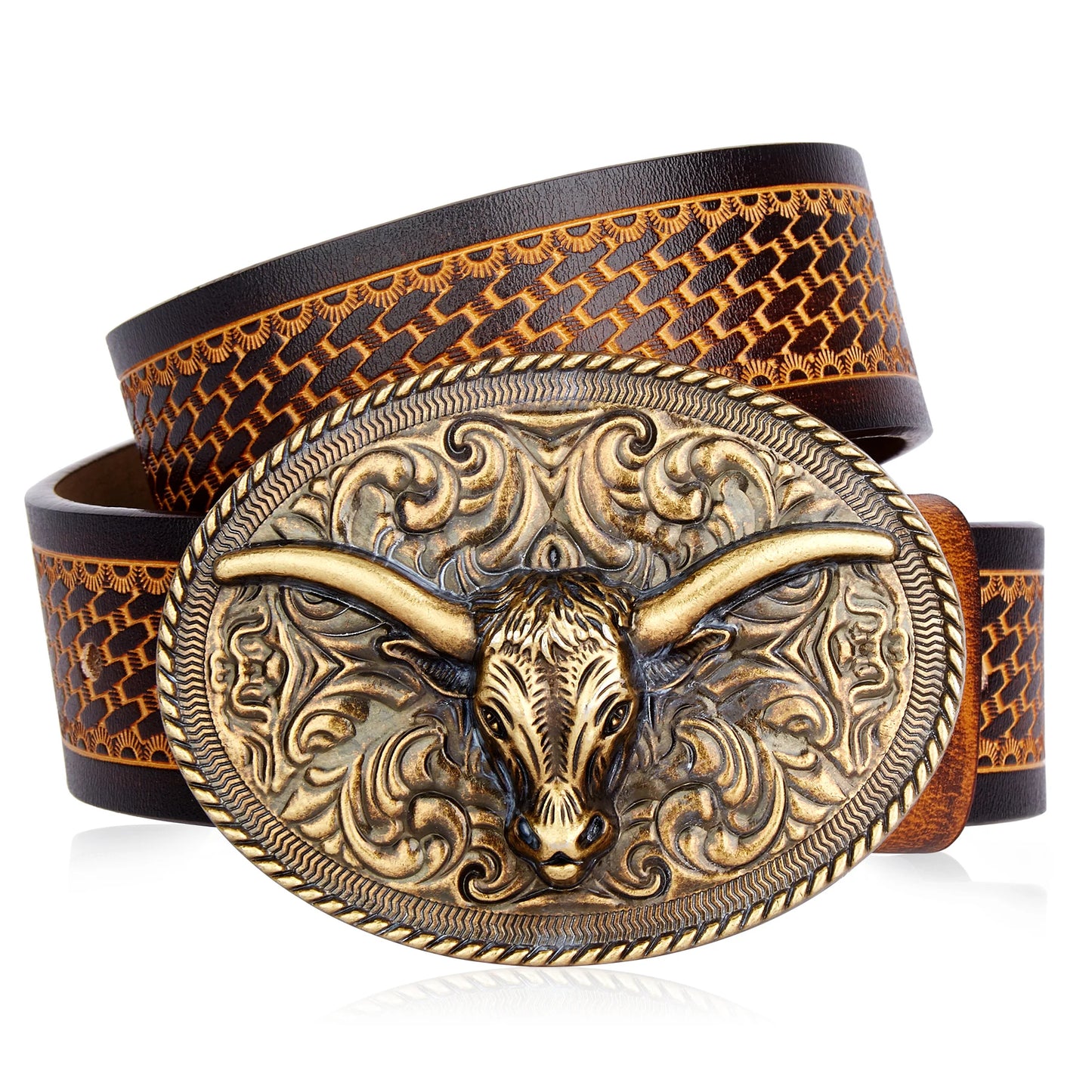 BISON DENIM Vintage Men's Belt Genuine Leather Cowhide Western Cowboy NK0057G DS052-1ZM