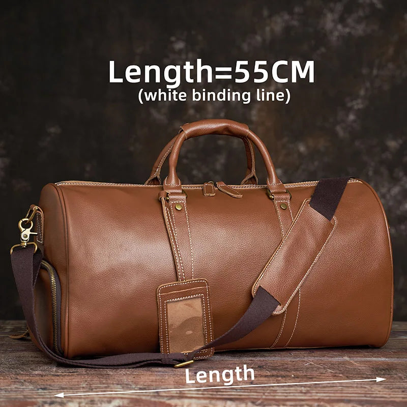 Men's Travel Bag Genuine Leather Hand Luggage NUPUGOO Brown(white-55cm)