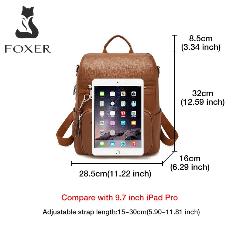 FOXER Leather Girl‘s School Bag Simple Leisure Large Capacity Backpack For Women Travel Bag High Quality Lady Soft Shoulder Bags