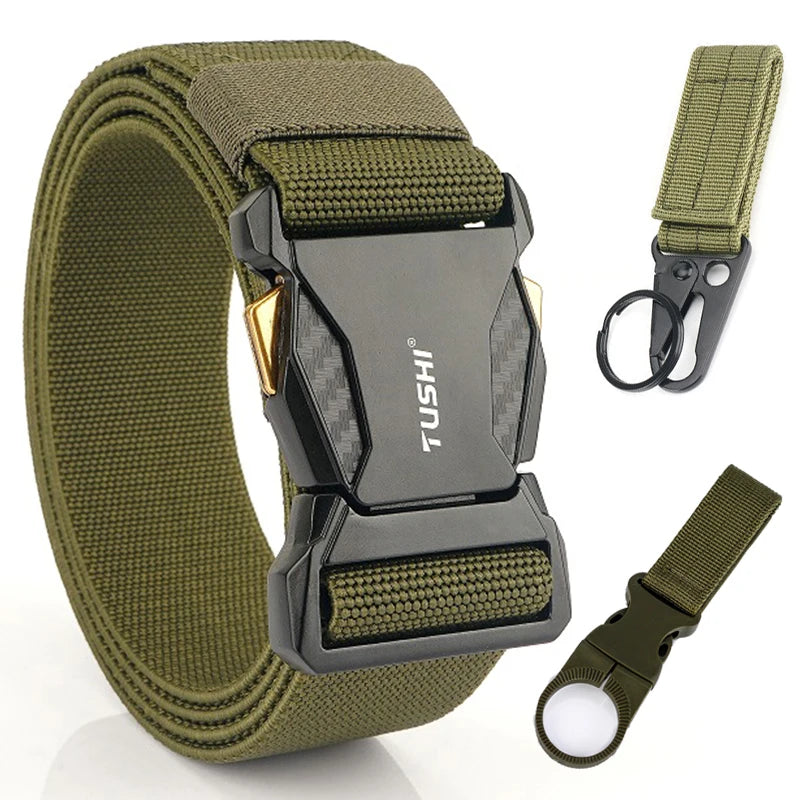 Elastic Belt for Men/Unisex Alloy Buckle Quick Release Carbon Texture ArmyGreen set 1