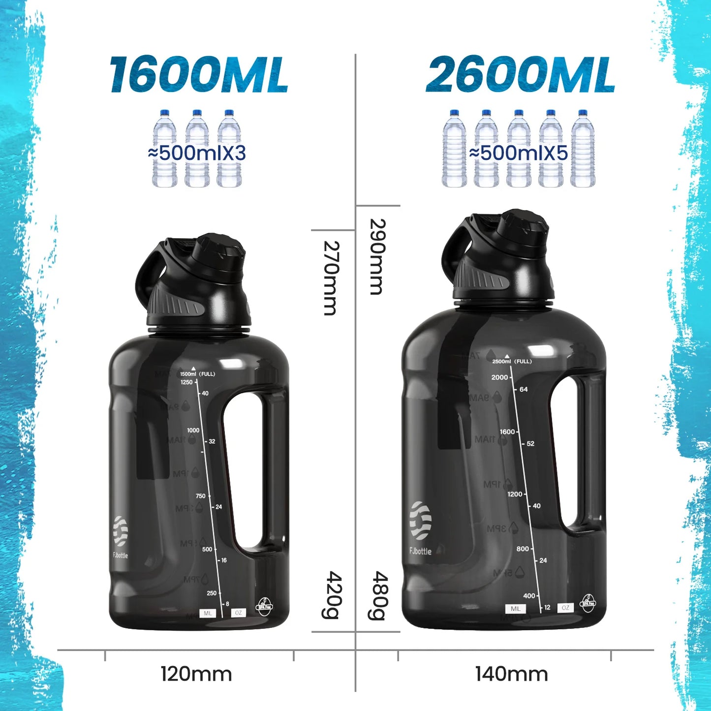 FEIJIAN Water Bottle, 1.6/2.6L Large Water Bottle