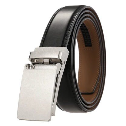 VATLTY Leather Cowhide Belt for Men Alloy Automatic Buckle Vintage silver Black