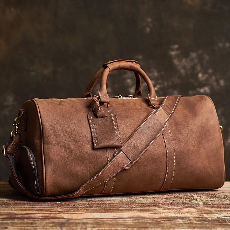Vintage Men's Travel Bag Genuine Leather 16 Inch Laptop NUPUGOO Coffee