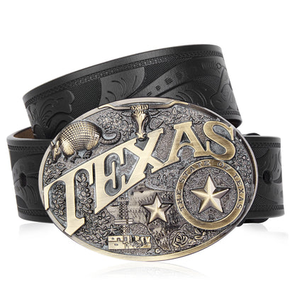 Western Cowboy Vintage Belt Cowskin Embossed Alloy Buckle NK0058G DS050-1BM