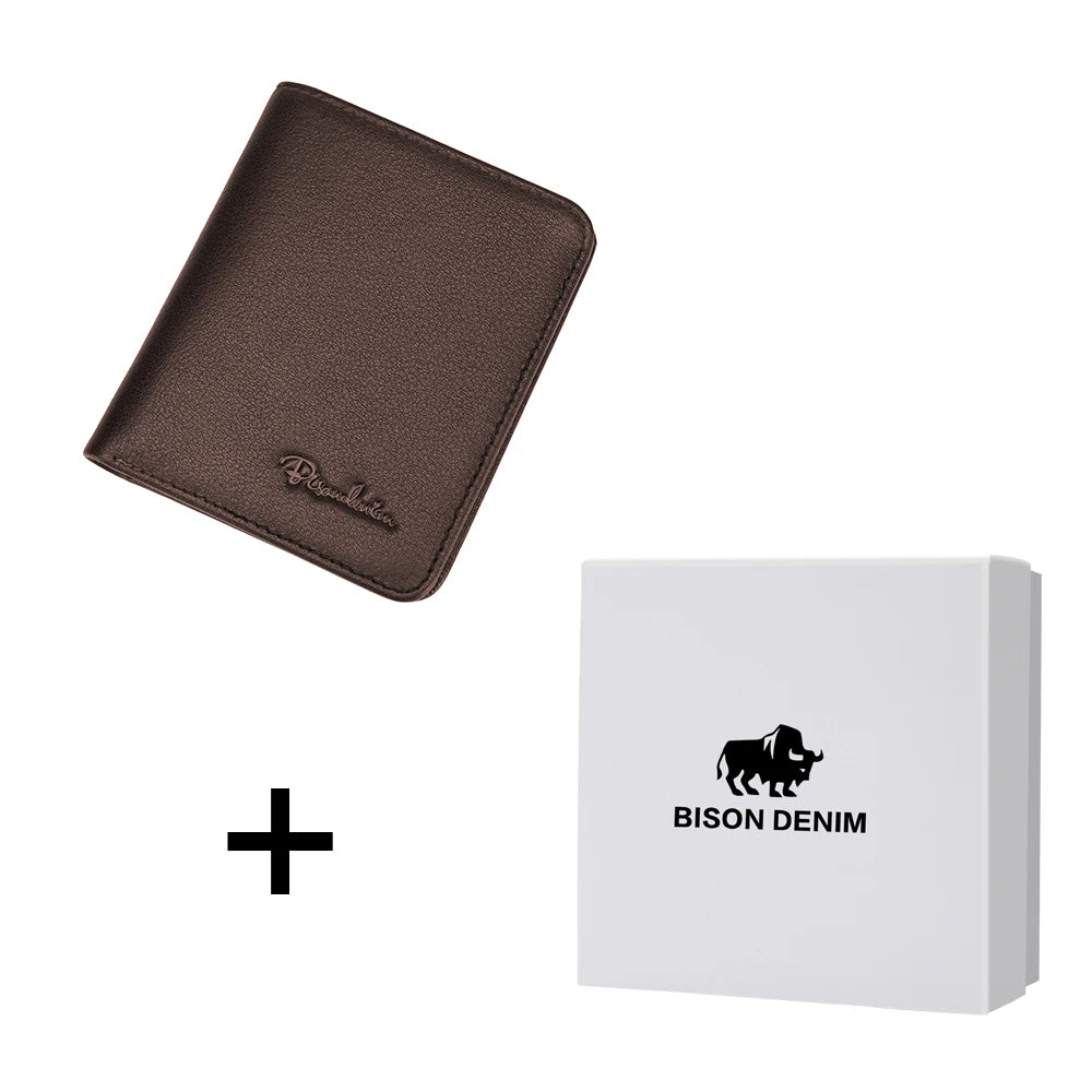 BISON DENIM 100% Genuine Leather Classic Men Wallet Coffee with box