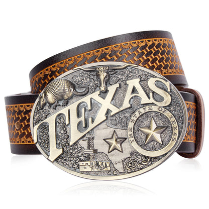 Western Cowboy Vintage Belt Cowskin Embossed Alloy Buckle NK0058G DS052-1ZM