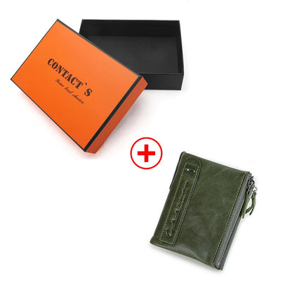 CONTACT'S HOT Genuine Crazy Horse Cowhide Leather Men's Wallet RFID blocking Green box