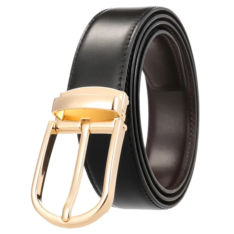 VATLTY New Men's Reversible Brown Genuine Leather Trousers Belt Gold