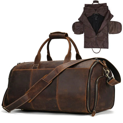 Crazy Horse Leather Folding Suit Bag Business Travel Bag With Shoe Pocket Clothes Cover Coffee