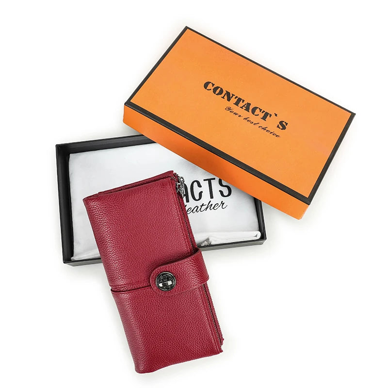 Contact'S Long Genuine Leather Female Wallet - Phone Pocket with AirTag Slot Red Box
