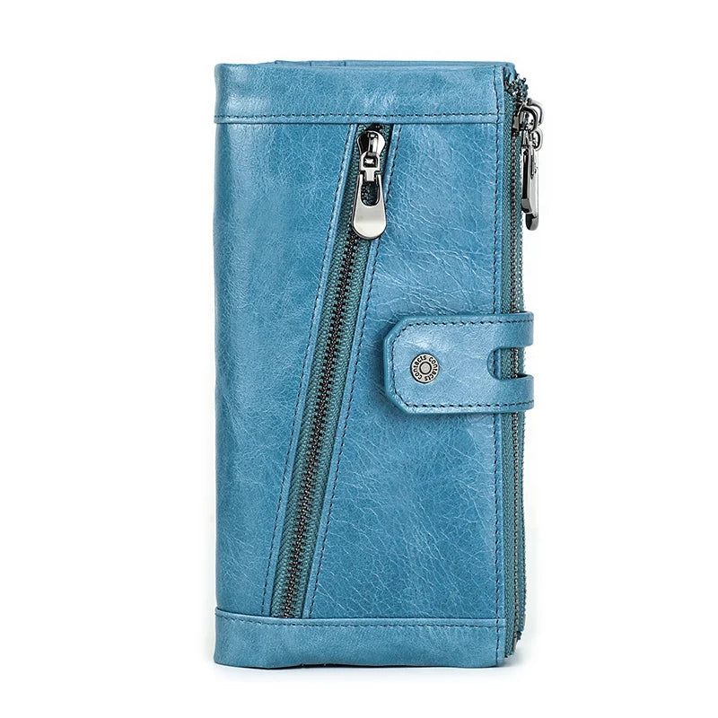 Contact's Women's Fashion Genuine Leather Wallet Card Holder Long Phone Pocket Blue