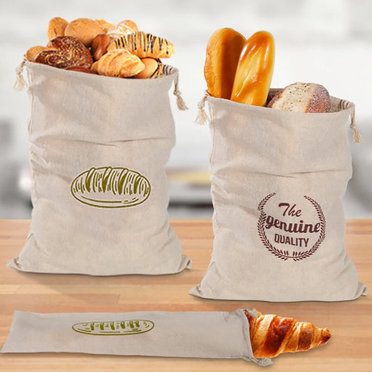 Linen Bread Bag Reusable Baguette Cotton Drawstring Storage Bag