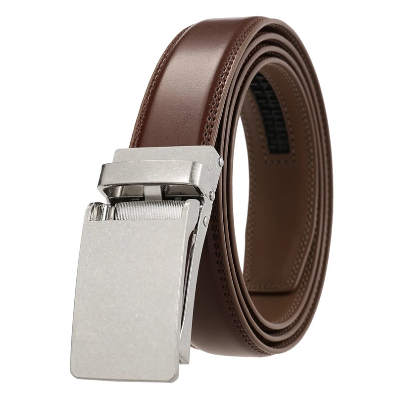 VATLTY Leather Cowhide Belt for Men Alloy Automatic Buckle Vintage silver Brown