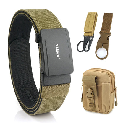 VATLTY New Men's Military Pistol Belt Metal Automatic Buckle Sturdy Nylon Dark brown set C 120cm