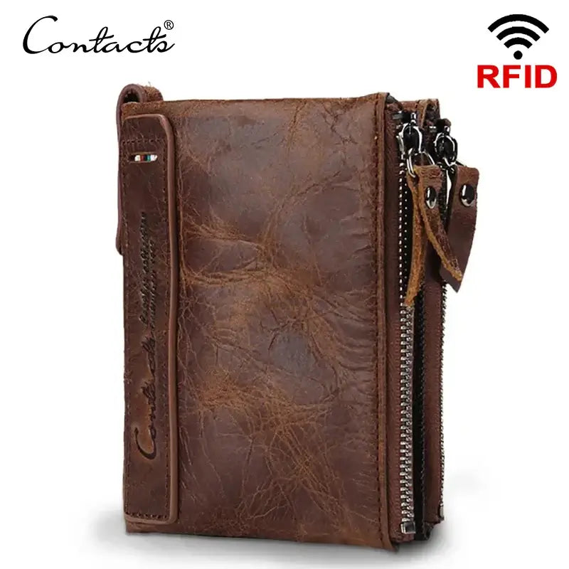 CONTACT'S HOT Genuine Crazy Horse Cowhide Leather Men's Wallet RFID blocking