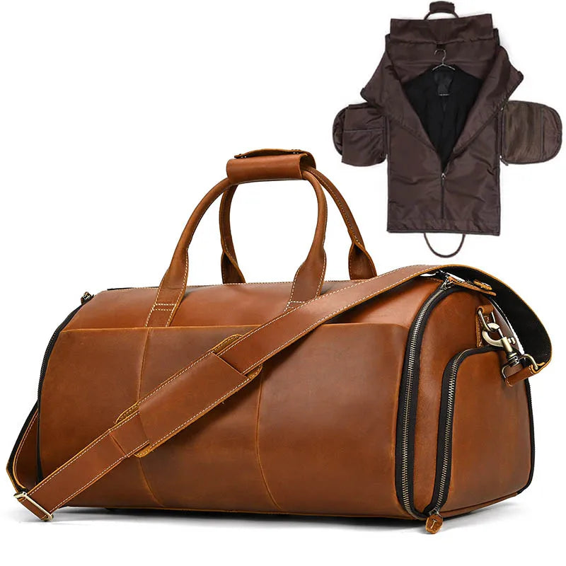 Crazy Horse Leather Folding Suit Bag Business Travel Bag With Shoe Pocket Clothes Cover Brown