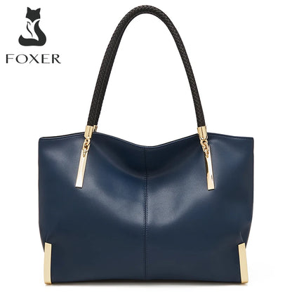 FOXER Brand Genuine Leather Handbag Women Original Cowhide Blue