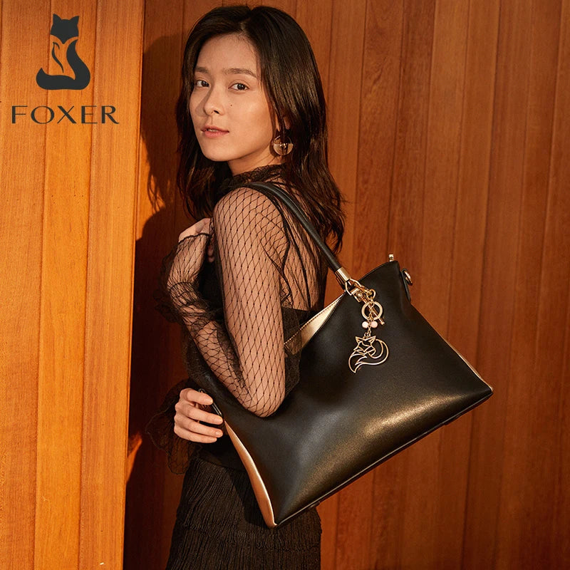 FOXER Brand Lady Cowhide Top Handle Bag