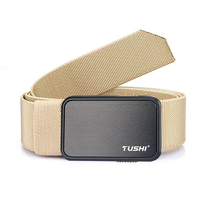 VATLTY 35mm Men's Elastic Belt Zinc Alloy Quick Release Buckle Khaki 120cm