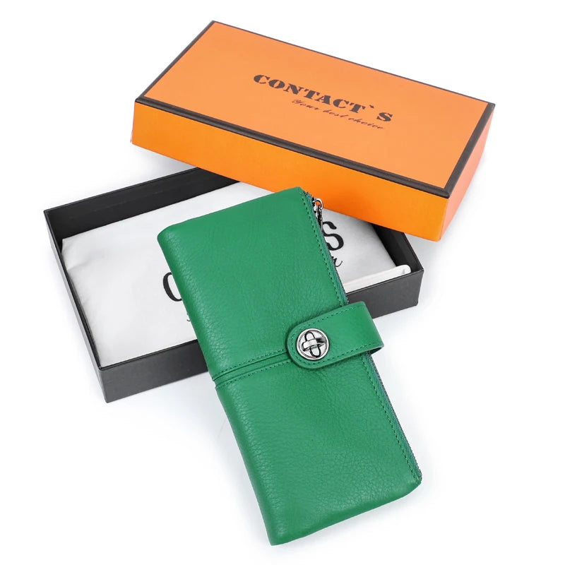 Contact'S Long Genuine Leather Female Wallet - Phone Pocket with AirTag Slot Green Box