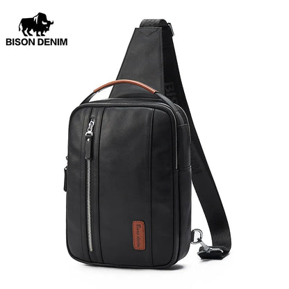 BISON DENIM Design Genuine Leather Mens Chest Bags Casual Men Shoulder Bags Fashion Pack Large Capacity Business Bag's N20139-1B N20139-1B