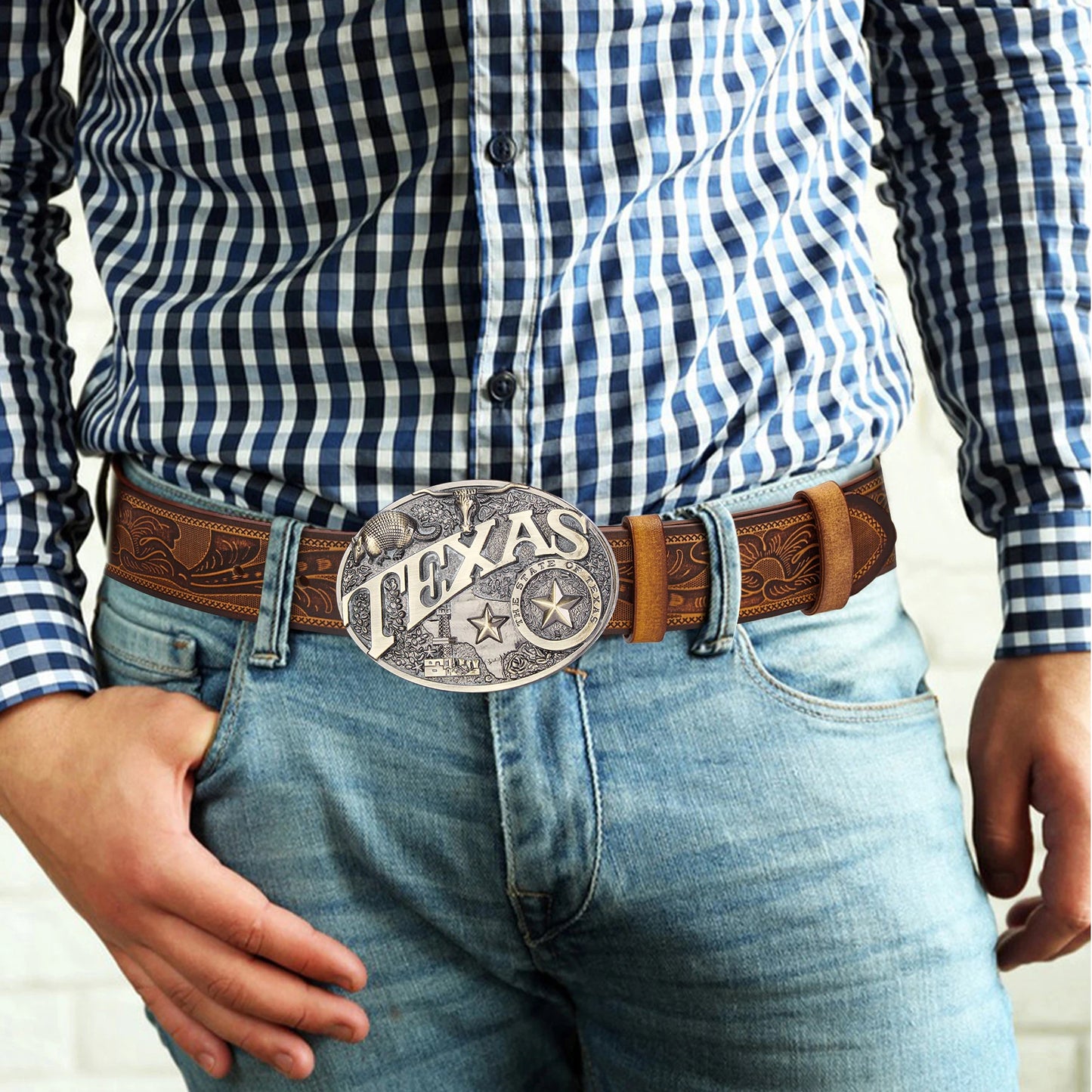 Western Cowboy Vintage Belt Cowskin Embossed Alloy Buckle
