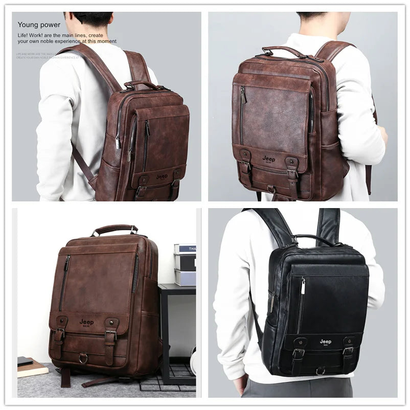 JEEP BULUO Fashion Leather Men Backpack Business 15.6" Laptop