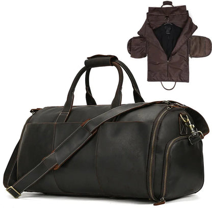Crazy Horse Leather Folding Suit Bag Business Travel Bag With Shoe Pocket Clothes Cover Dark Brown