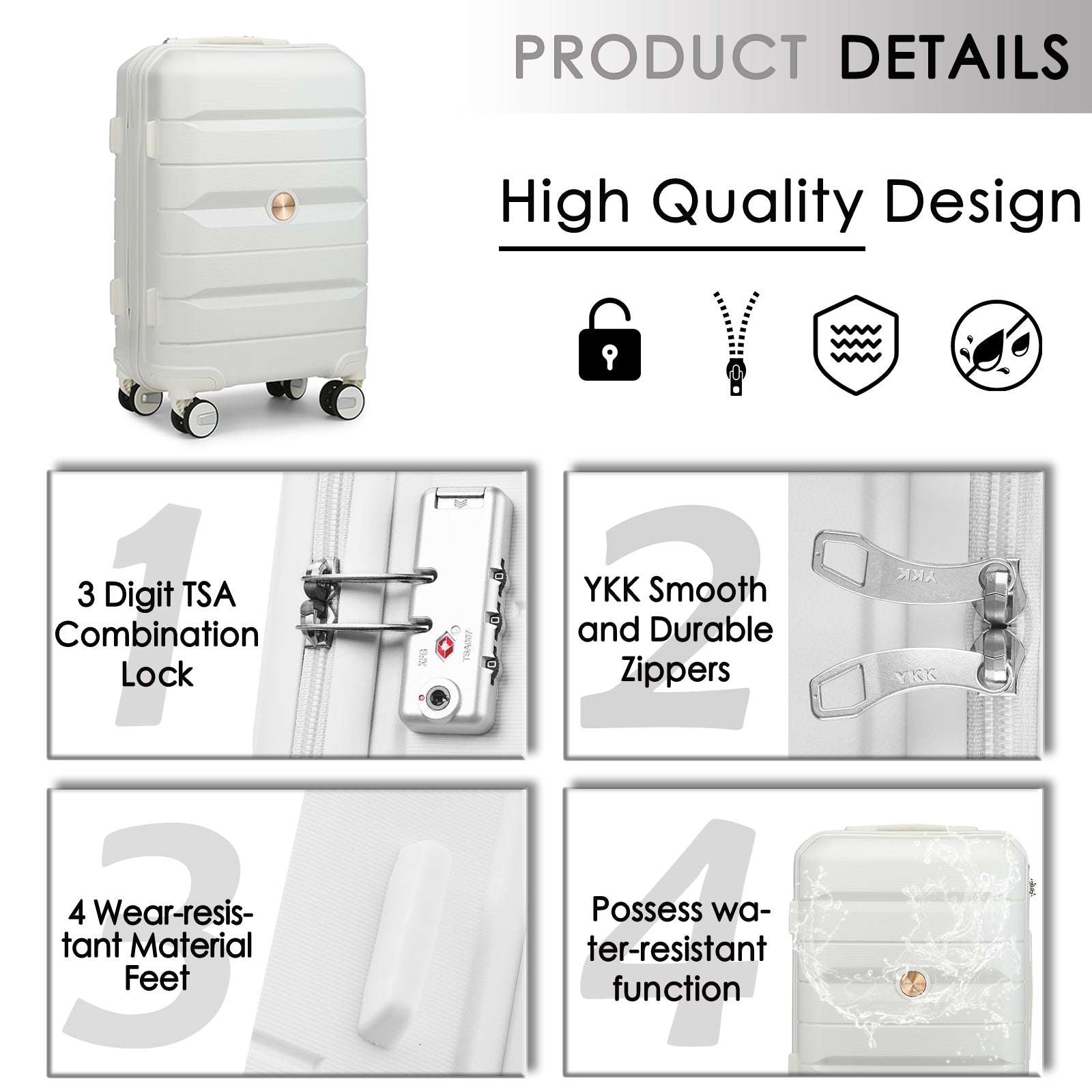 Somago Hardside Suitcase and 14" Mini Cosmetic Case, 6 Shoulder case, TSA Lock YKK Zipper (Creamy White) 154 Luggage Somago OK•PhotoFineArt