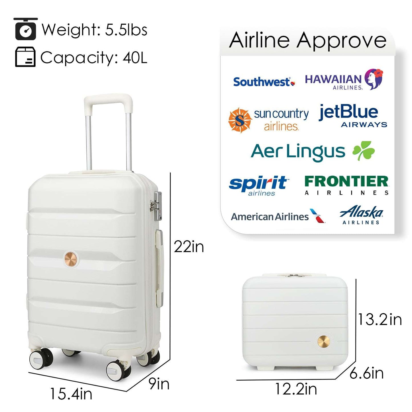 Somago Hardside Suitcase and 14" Mini Cosmetic Case, 6 Shoulder case, TSA Lock YKK Zipper (Creamy White) 154 Luggage Somago OK•PhotoFineArt