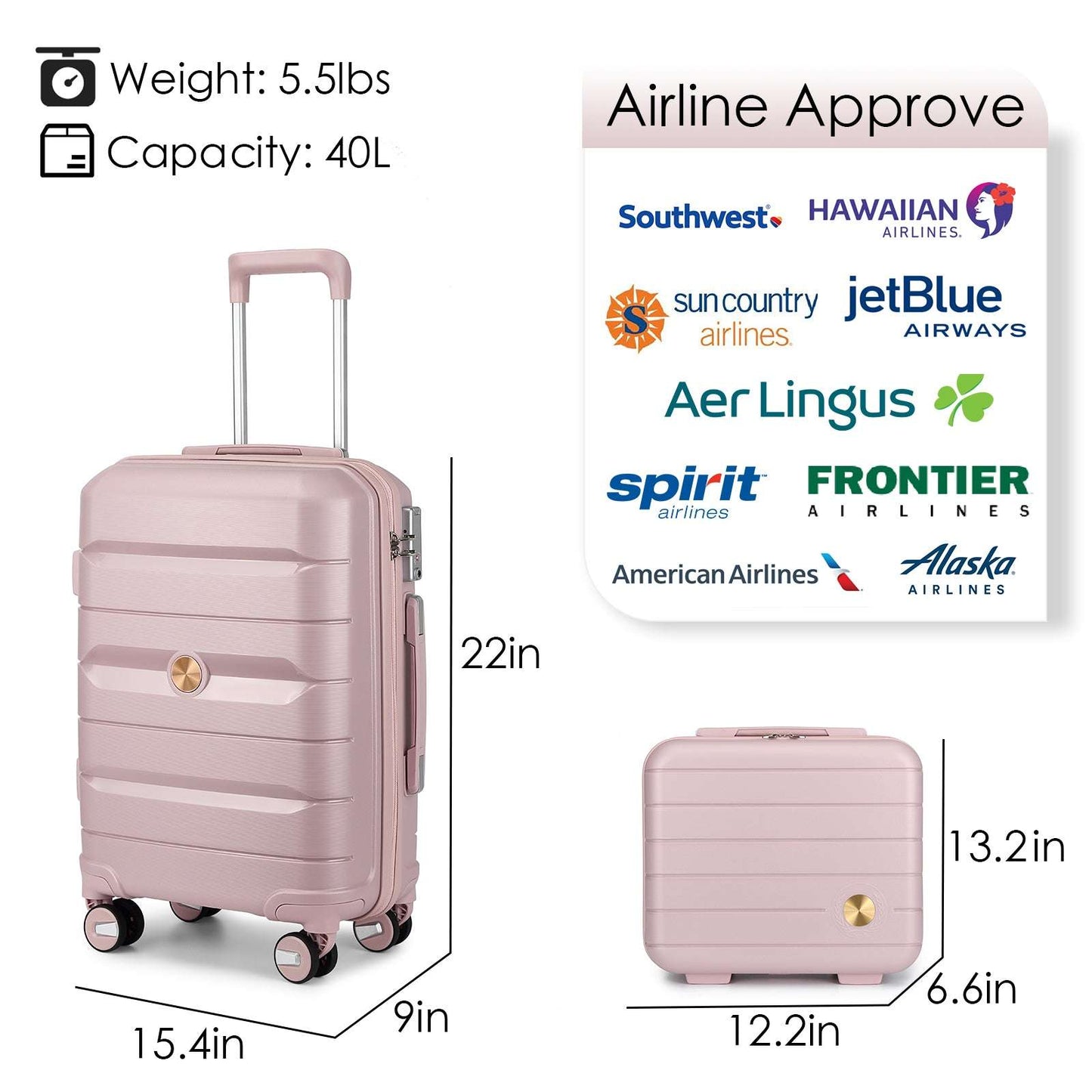 Somago Hardside Suitcase and 14" Mini Cosmetic Cases with 6 Shoulder case, TSA Lock YKK Zipper (Nude Pink) 126 Luggage Somago OK•PhotoFineArt