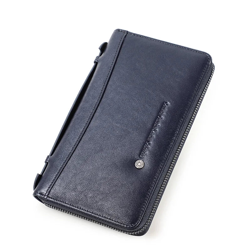 Genuine Leather Men's Clutch Wallet Card & Passport Holder 6.5" Phone Case Blue